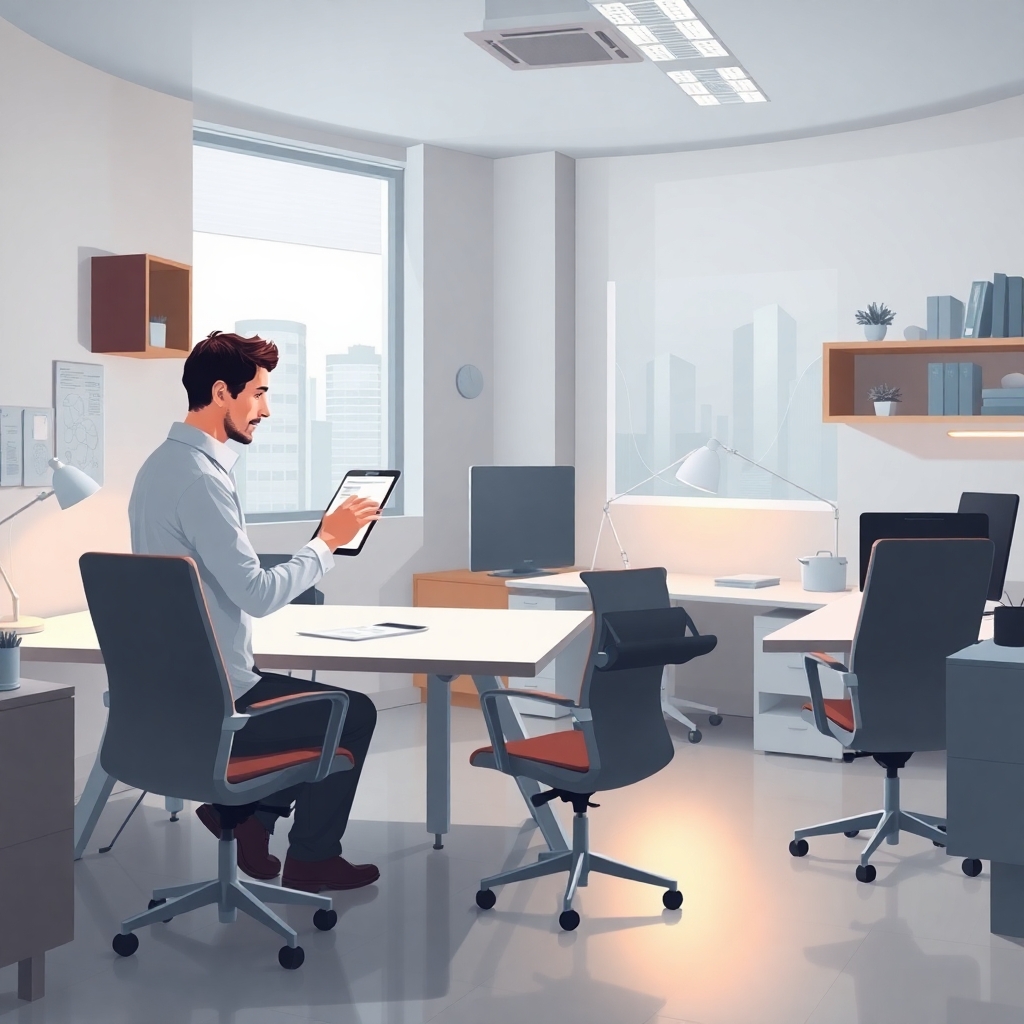 A detailed modern flat vector illustration showing a full scene inside a contemporary collaborative workspace where a human and an advanced machine system work together in a shared environment. The room features visible walls, floor, desks, shelves, soft ambient lighting, and digital interfaces integrated into the surroundings. The human is engaged in thoughtful decision‑making, reviewing contextual information on a screen, while the machine—represented as a sleek, friendly, non‑humanoid technological assistant—supports with pattern recognition, data visualization, and scalable processing. Both are clearly interacting, complementing each other’s strengths, symbolizing cooperation rather than replacement.  The environment includes practical office elements: a large desk with documents and devices, ergonomic chairs, a wall with diagrams or workflow charts, a window showing a subtle cityscape, and additional objects that reinforce everyday professional collaboration. Subtle visual metaphors highlight the synergy: flowing data lines connecting human insights to machine analytics, gentle light accents showing shared focus, and balanced composition emphasizing partnership, efficiency, and safety.  Style: modern flat vector illustration, editorial illustration style, smooth shapes, soft gradients, slight depth, clean design. Color palette: balanced tech‑human harmony tones—soft blues, warm neutrals, muted greens, gentle purples. High detail, crisp edges, visually clear storytelling.  CRITICAL: full scene composition with a complete environment. The background must be part of the scene with clearly visible environment elements such as walls and floor. The image must be fully filled edge‑to‑edge. Absolutely no white background anywhere in the image. No blank or empty areas. No isolated objects. No floating composition. No transparent background. The background is not a studio backdrop, it is a real environment.  No text, no watermark.