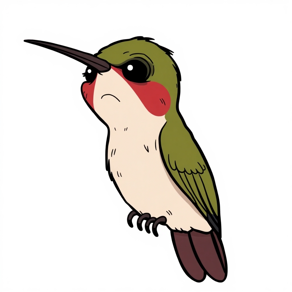 a cartoon drawing of a sick looking, skinny and sad hummingbird.