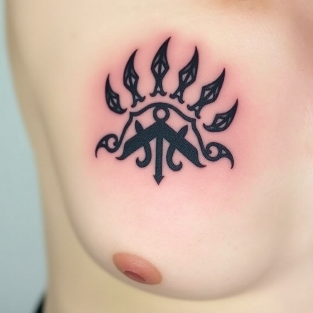A German Celtic  bear paw tattoo on the right front pec  with a Gemini symbol in the center