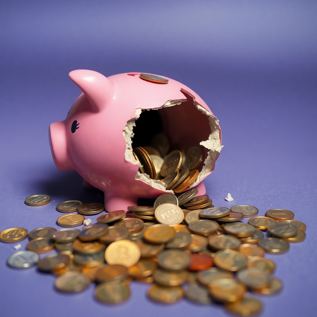 Image: A child’s piggy bank smashed open with coins spilled out