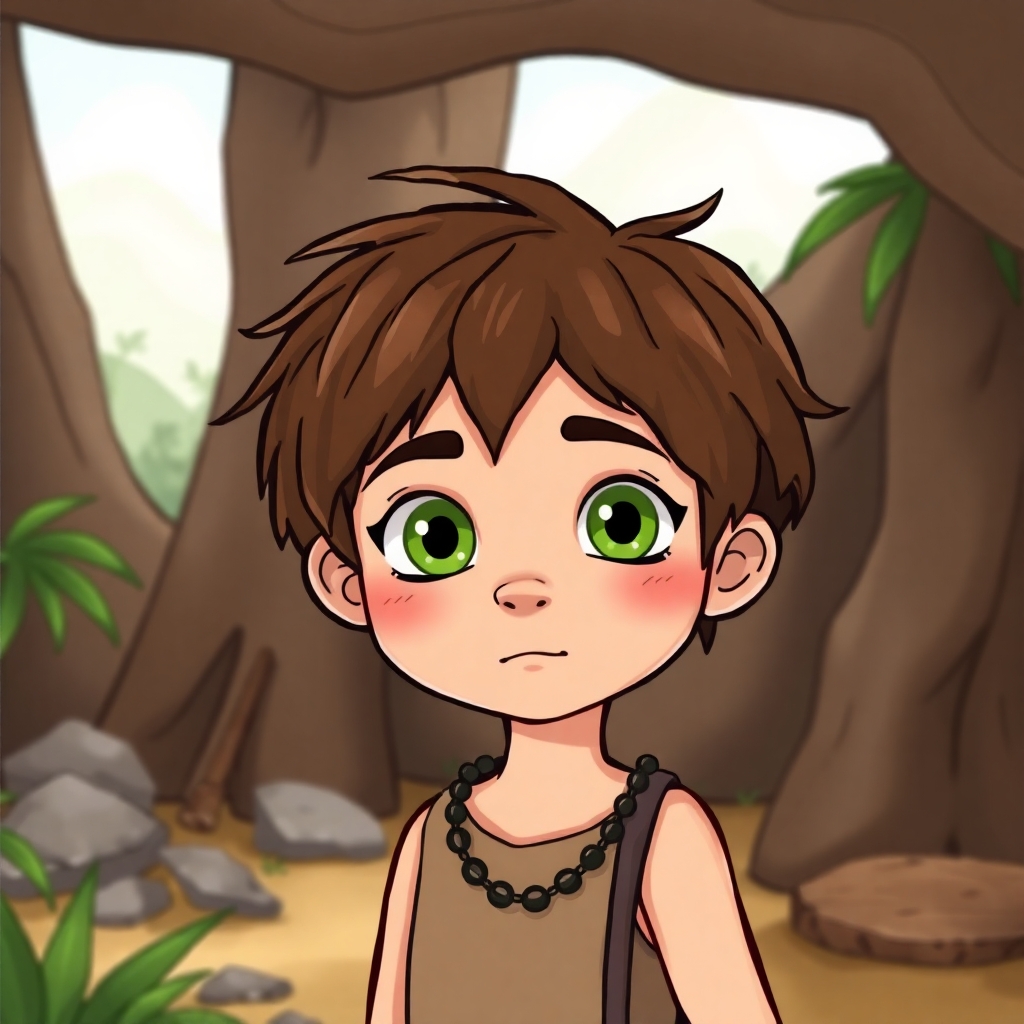 a cartoon drawn little boy with brown hair and green eyes at age 11 in a prehistoric setting. This is for a children's book so make him cute, innocent and likeable for the reader to look at. https://www.imagiyo.com/images/mxkaz6Y5aJ0P/view