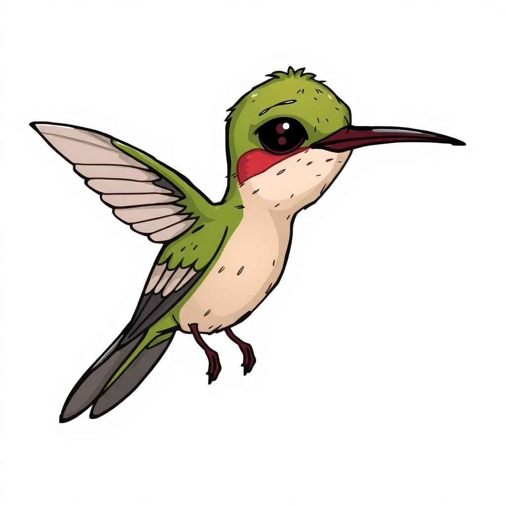 a cartoon drawing of a sickly, skinny and sad hummingbird.