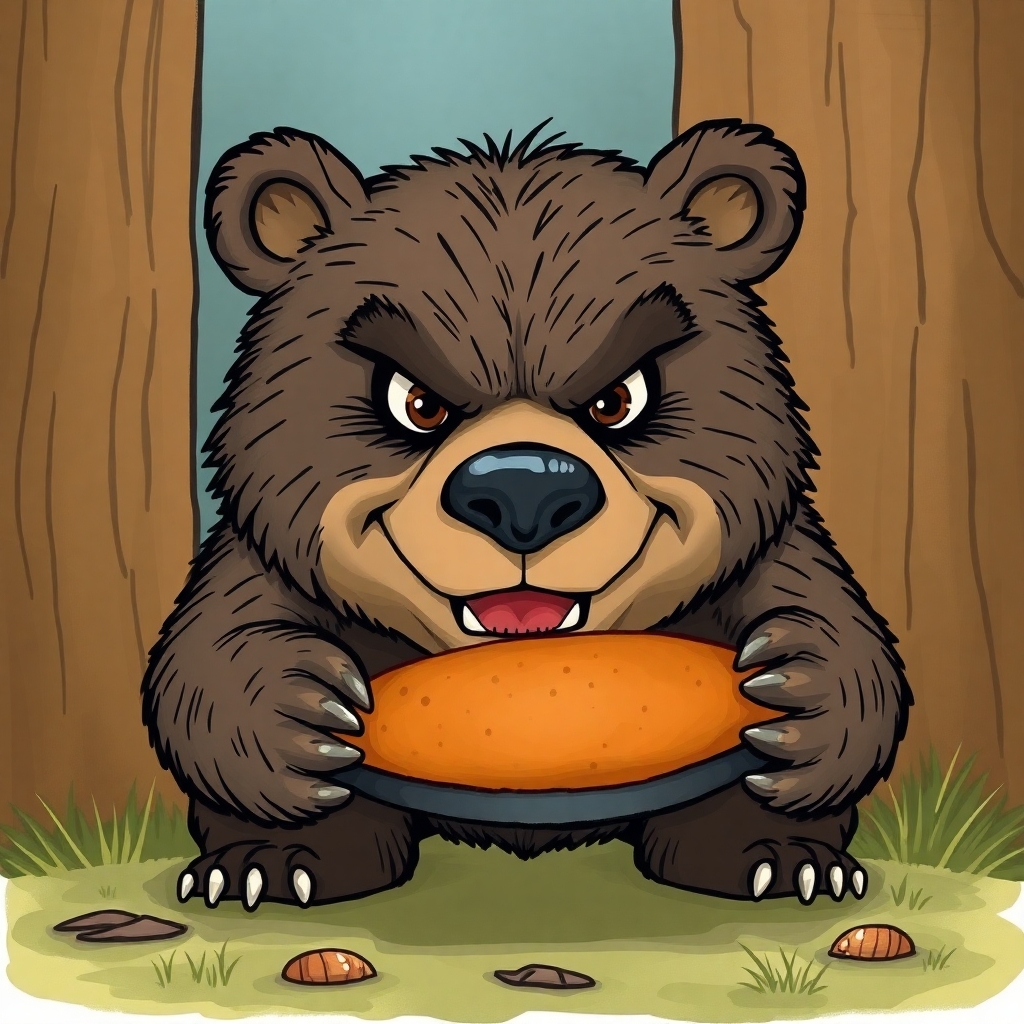 a cartoon drawing for a children's book of a sinister looking bear who has just cornered his dinner.  Front view of the bear