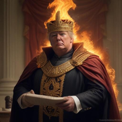 An image of Trump dressed as an emperor burning the constitution