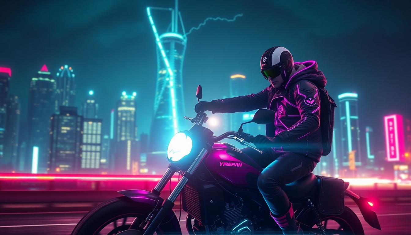Cyberpunk hero on bike with nightcity in background