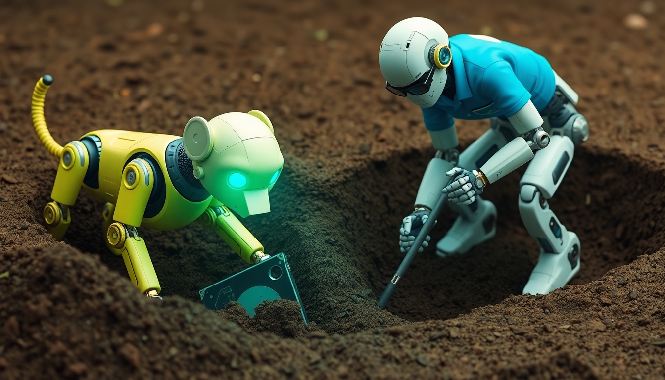 A robotic dog is digging a very deep hole to bury a computer hard drive while a robot wearing a blue polo shirt and glasses is digging a deeper hole in the ground to fill in the hole the robotic dog is making. The two holes are two meters apart from each other