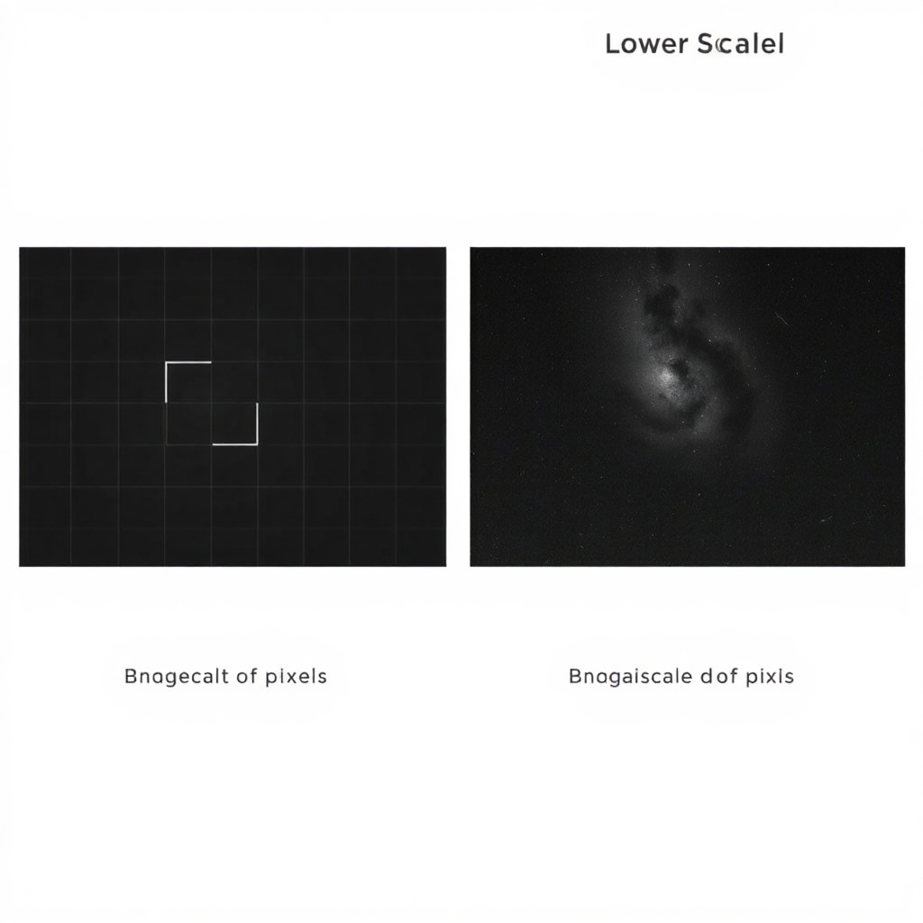 Create a Black and White image that that demonstrates image scale, resolution, and detail as a side-by-side images showing the effect of different image scales:  - **Image A (Higher Scale)**: Show a grid with larger squares (pixels) covering a wider area of the sky. Label it as having a **larger arc-seconds per pixel**.  - **Image B (Lower Scale)**: Show a grid with smaller squares (pixels) covering a smaller area of the sky. Label it as having a **smaller arc-seconds per pixel**.