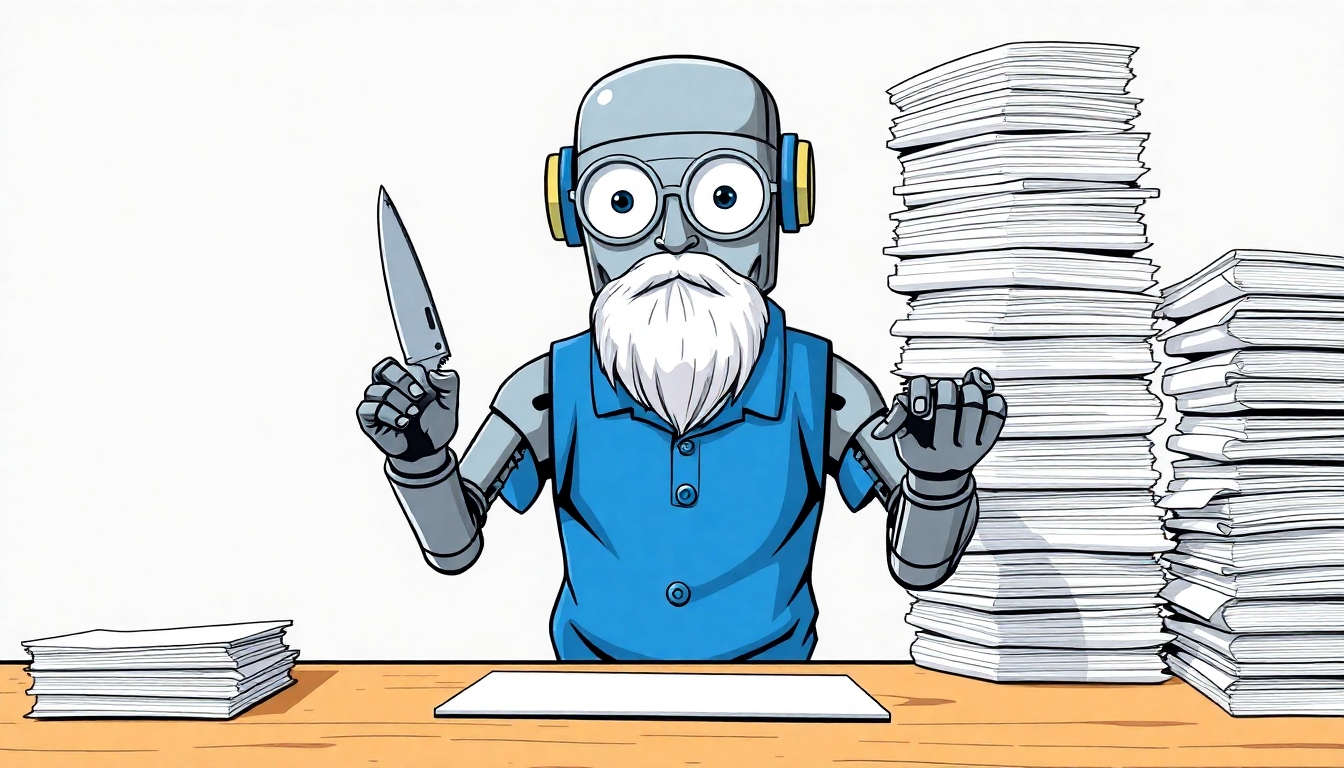 A metal robot with a thin, partially grey beard and eyeglasses, wearing a blue polo shirt, stands facing forward at a cook's chopping table. On the robot's right is a taller pile of bound notebooks, and on the left is a smaller, neatly stacked pile of paper. The robot holds a multi-function knife, similar to a Swiss Army knife or Leatherman multi-tool, in its left hand and a binder from the notebook pile in its right hand. The robot's hands are blurred, indicating rapid movement as it swiftly reduces the binders into simple paper.