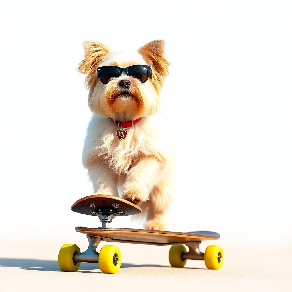 a havanese dog riding a skateboard. wearing sunglasses
