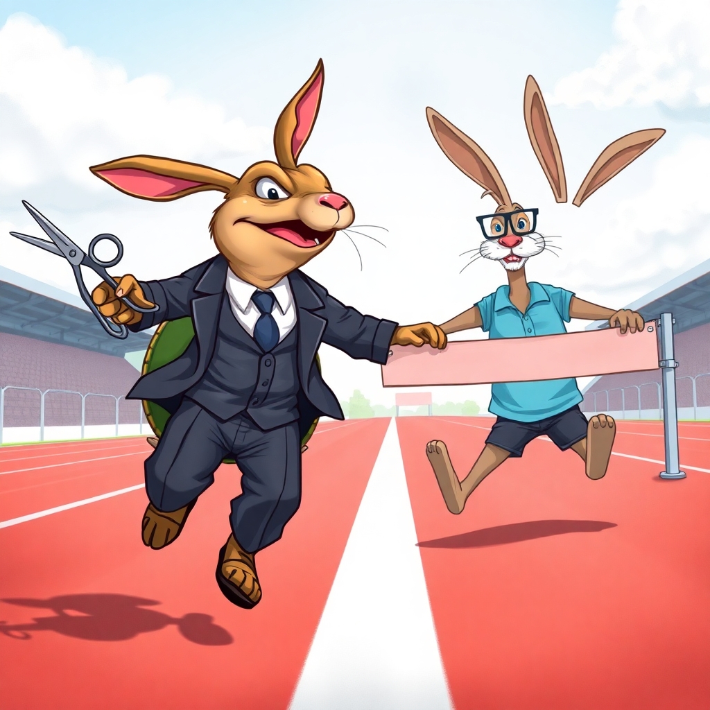 Image ratio is 16:9. Illustration of the story of the Tortoise and the Hare approaching the finish line. The Hare is wearing a rumple business suit, holding a pair of scissors, and is captured in mid-fall with a fearful expression, far from the finish line. The Tortoise is confidently crossing the finish line, wearing glasses, a thin beard, and a casual polo shirt, looking determined and calm. The background shows a racetrack finish line under a clear sky. The style is vibrant, detailed, and expressive, blending realism with a touch of whimsy.