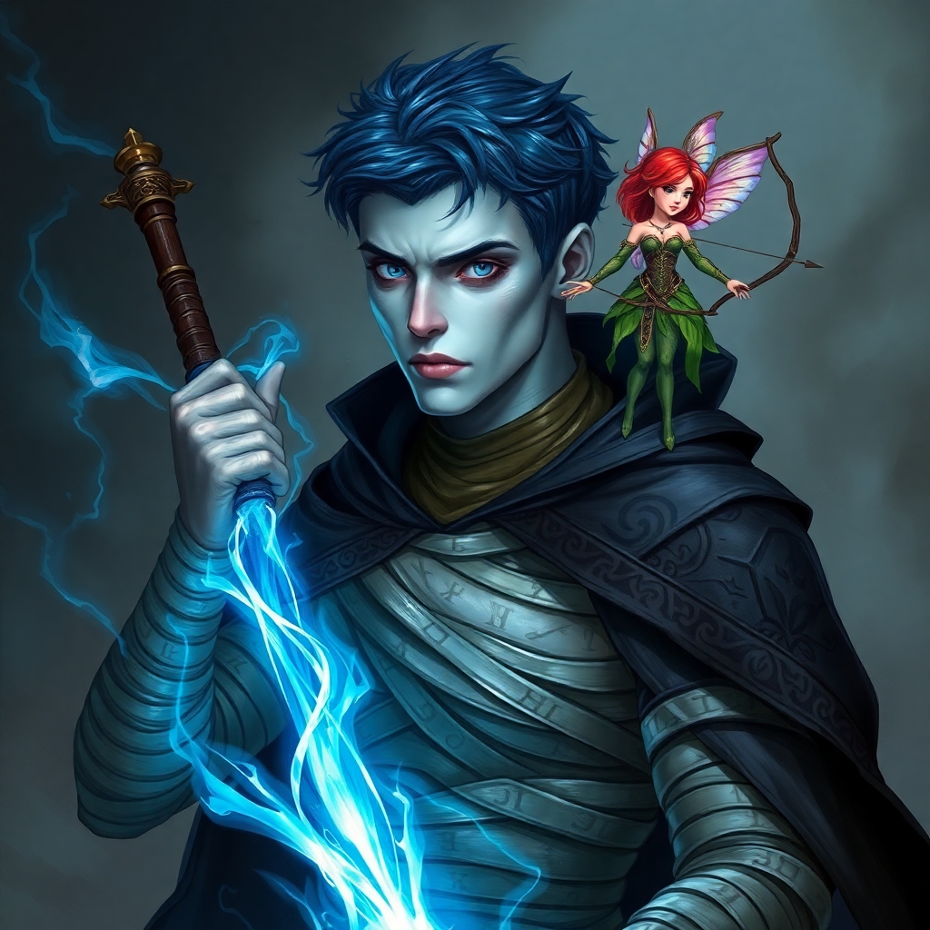 a pale grey skinned Doppelganger with short blue-black hair, black eyes, grey irises, thin lips, no nose. their torso covered in mummy bandages that are etched in multicolor runes. one shoulder draped in a ornate almost black cloak. they are wielding magical energy gripping in one hand an entwining elongated shaft of blue and white light. standing upon his shoulder is a very tiny redheaded female sprite archer with iridescent wings, wearing a corset and skirt made of leaves and vines