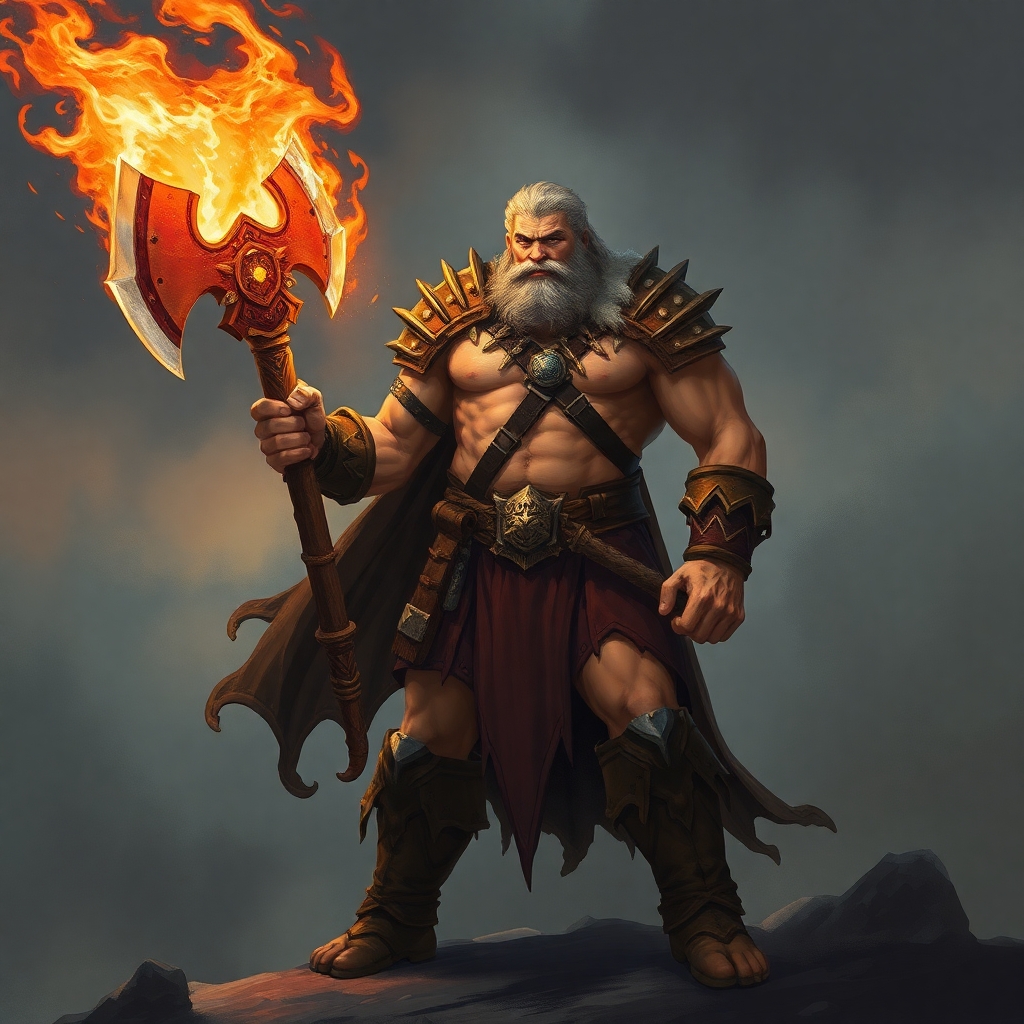 A 5E dnd charachter who is a male half-giant barbarian /paladin. He is profoundly strong, weilds a flaming axe, and wears almost no armor.