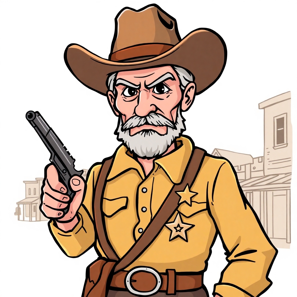 Create a cartoon drawing for a children's book of sheriff Wyatt Earp in Dodge city in 1875. Make him look tough and menacing with his gun in his holster and his star on his shirt.