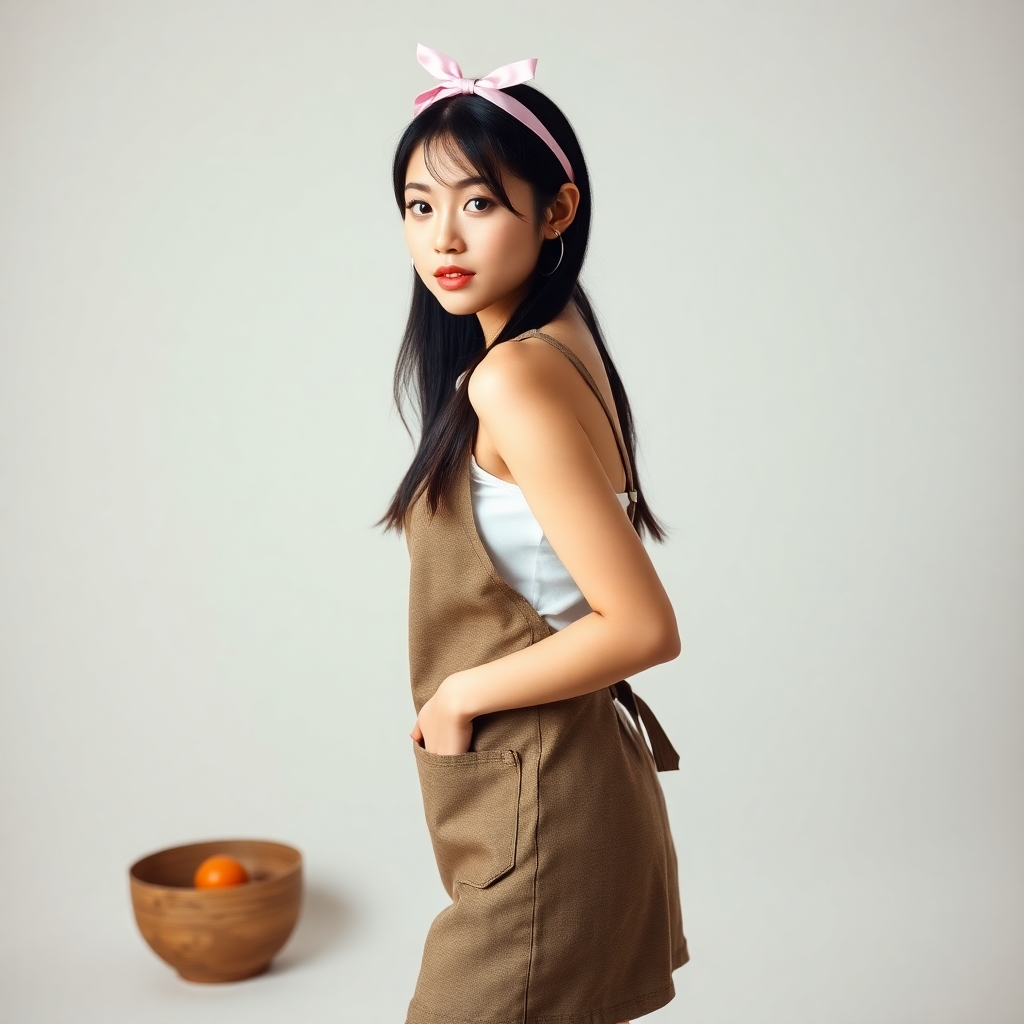 A young Asian woman in her twenties. She is wearing a one-piece kitchen apron, with the skirt length ending approximately 4 inches above the knees. A pink ribbon is tied on top of her head. She has long, black hair styled casually, with delicate makeup, slightly dazed eyes, and pouty lips. She has a slender figure that meets beauty pageant standards with distinct curves.  The woman is positioned slightly to the left of the center frame, with her head turned to the left but her gaze looking slightly forward. The background is a professional Japanese-style photo studio setting, creating a soft and relaxed atmosphere.  The shot is framed as a full-body portrait, capturing her entire figure, with the composition emphasizing her posture and expression. The overall style is realistic with soft lighting, creating a casual yet charming vibe.