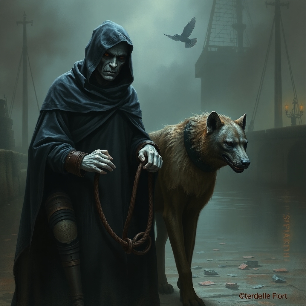 A strange, mysterious, unpleasant looking, albino man in a dark hooded cloak holding a thick leash for a half-starved, bloodthirsty hyena wearing a thick collar, standing by the man's side. The setting is a shadowy, deserted quayside in a medieval fantasy port at night.