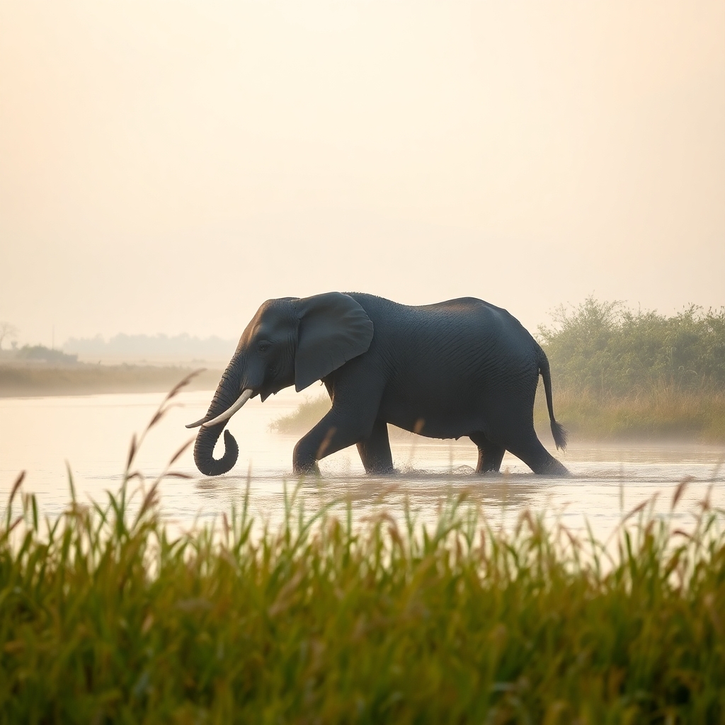 Large elephant walking through a river in misty morning with tall grass in foreground