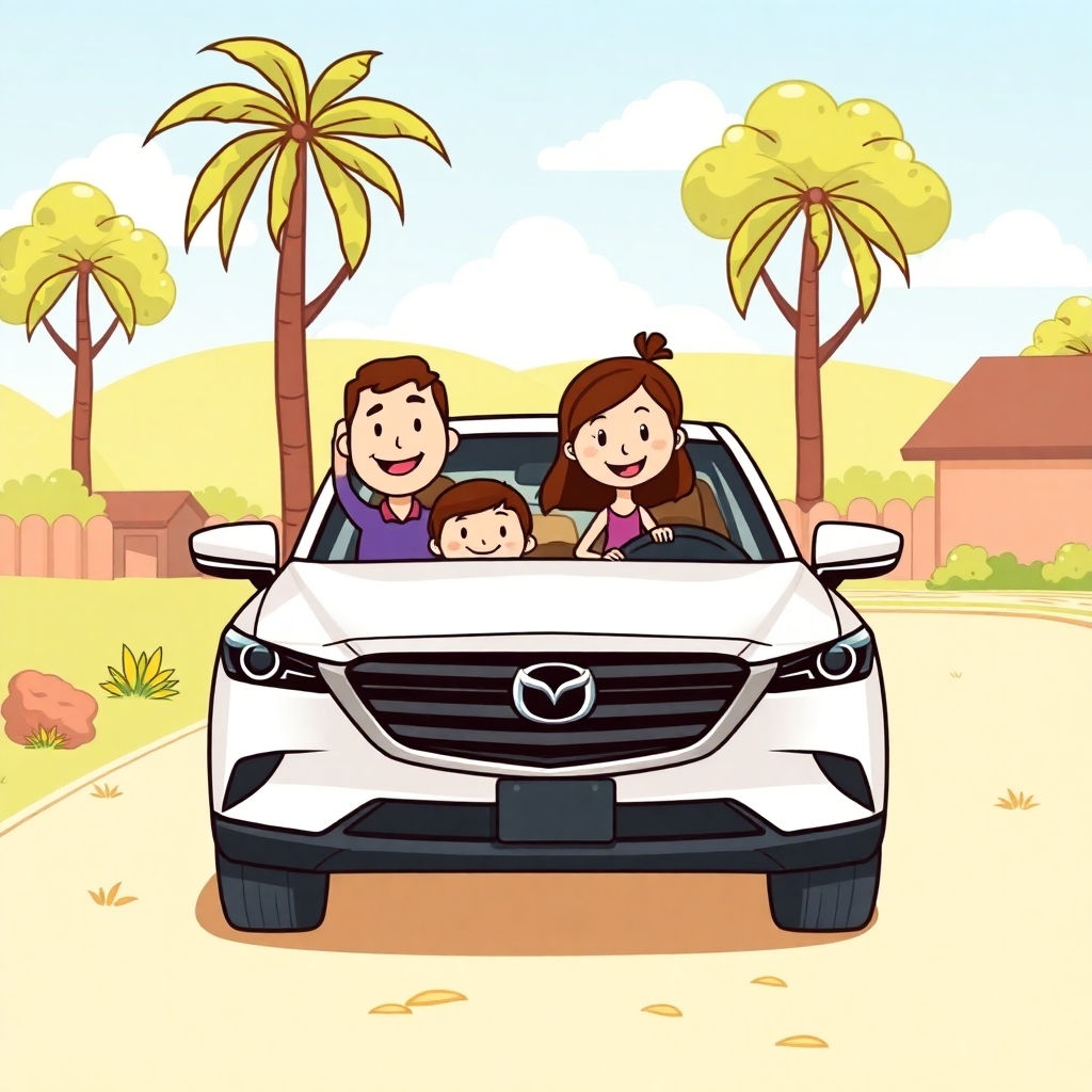 cartoon family enjoying a nice sunny day with their new Mazda suv