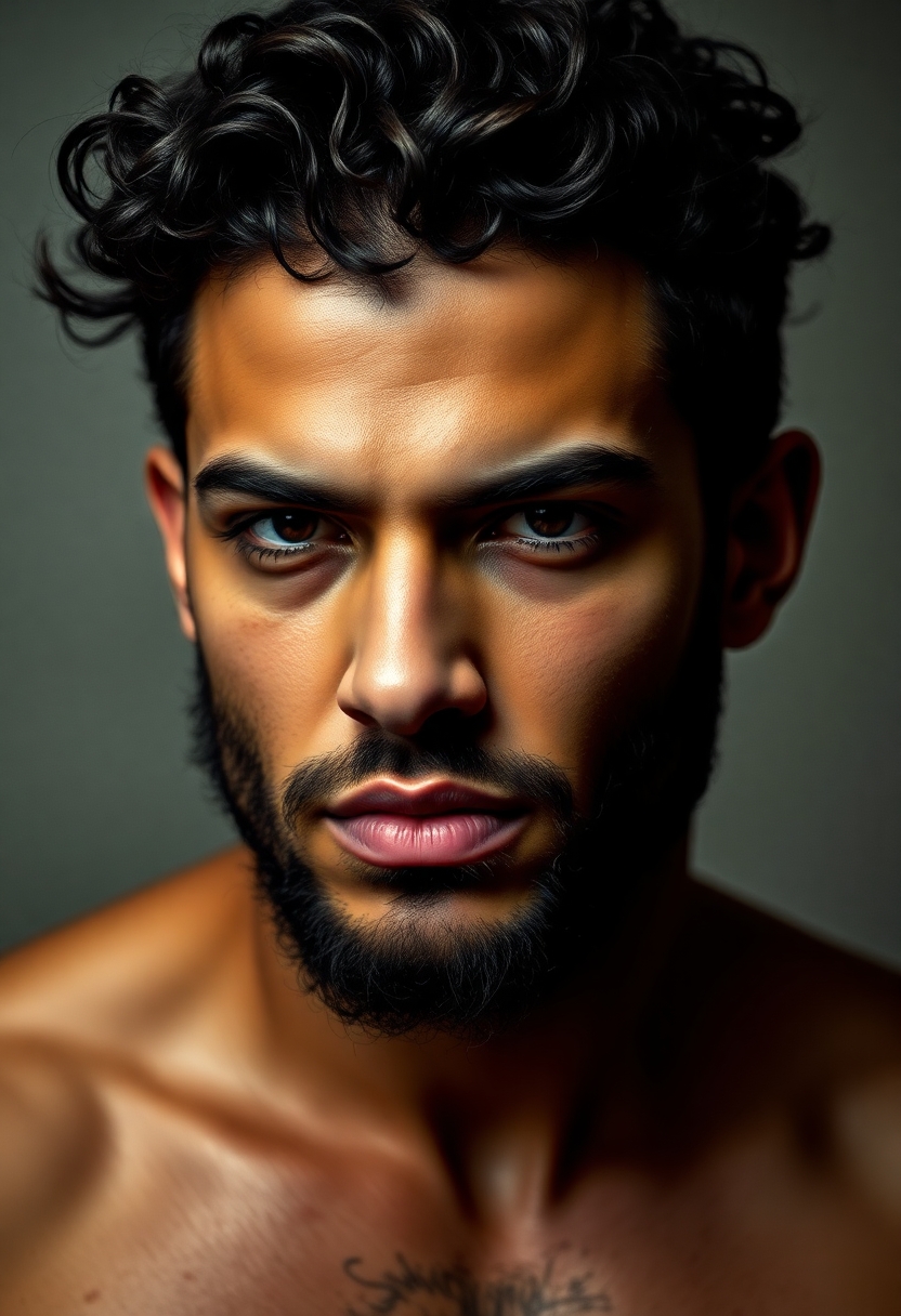 Sexy man with curly hair and short beard. He is in his twenties. he has thick lips. He is toned but not overly muscular. Aggressive look. Arabic features.
