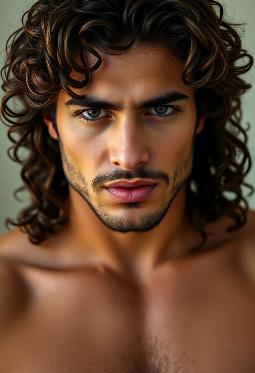 Sexy man with curly long hair and short stubble. He is in his twenties. he has thick lips. He is toned but not overly muscular. Aggressive look. Arabic features.