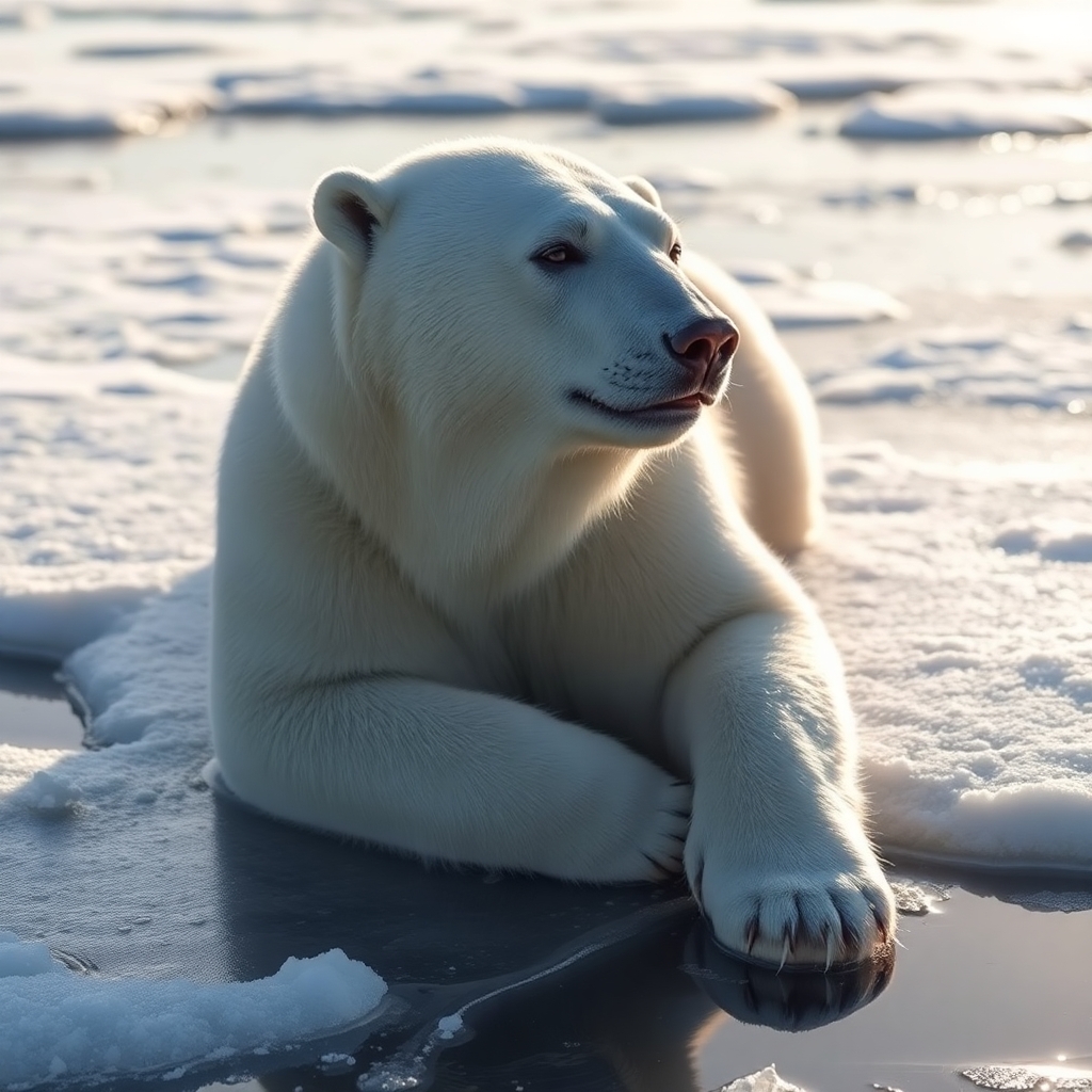 Polar bear lounging on ice in sunny morning with snow all around