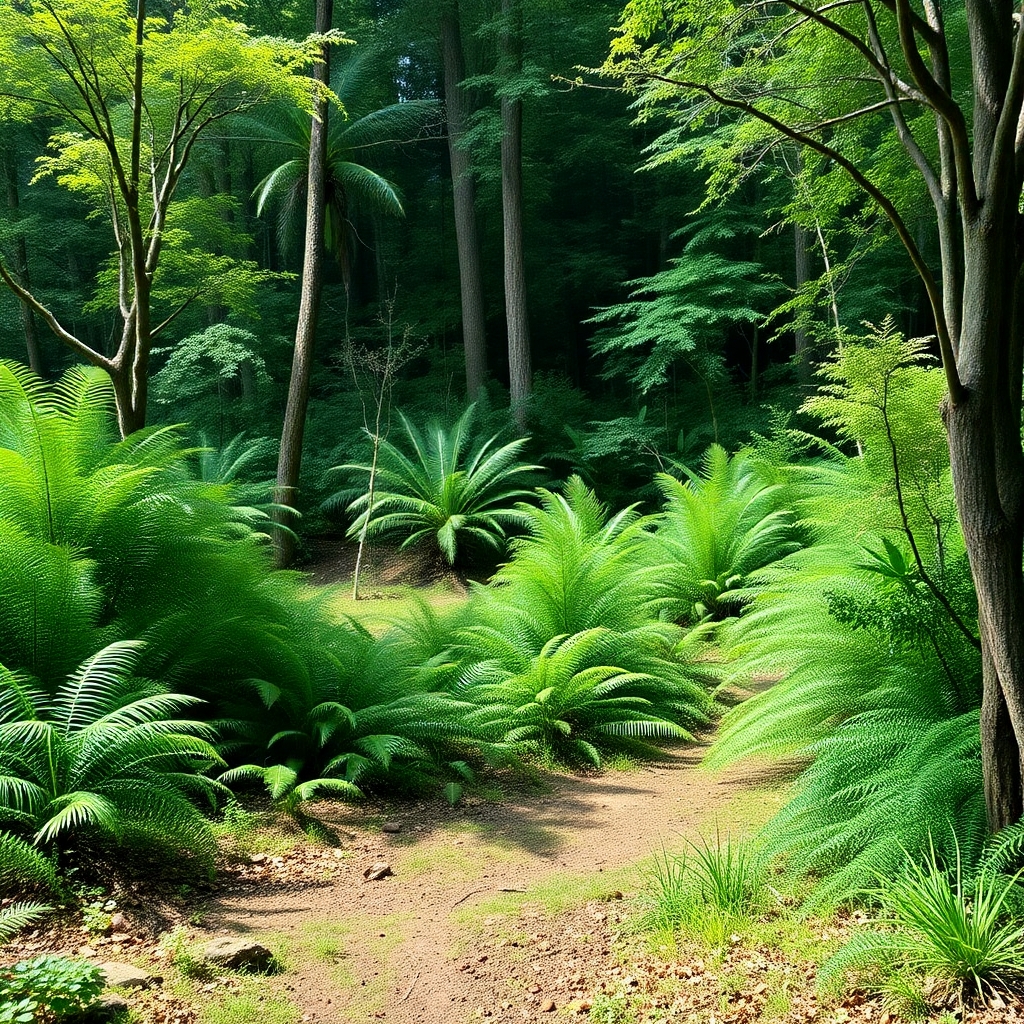 Please create a prehistoric landscape with all the wild ferns and trees.  do not include any dinosaurs in the realistic and life-like photo.
