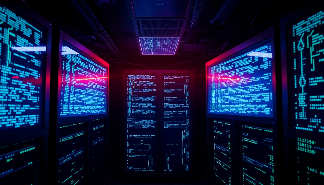 A Server room with dimmed light, screens with matrix-like content.