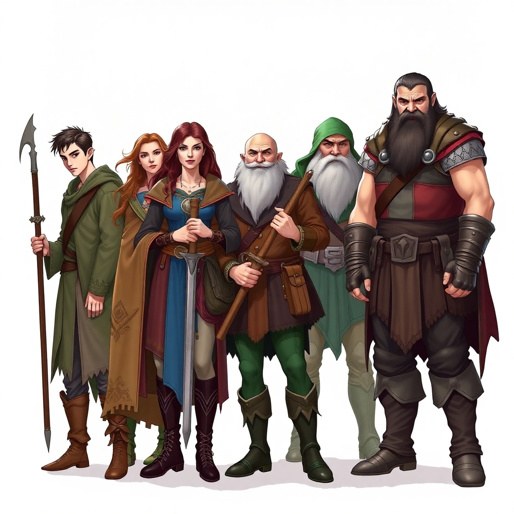 A five member dungeons and dragons adventuring party consisting of: A thin male elven rogue, a female half-elf cleric/warlock, a plump female half-elf sorceror/warlock, a short but wide male dwarven ranger, and a very tall male half-giant barbarian/paladin.