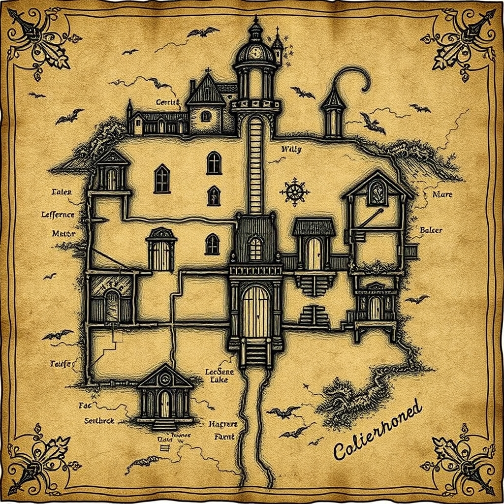 An ancient a weathered map of a gothic estate. The map should show three floors and a basement and include secret doors, traps and secrets. The map should appear old, faded and hand drawn in a comic gothic style as if pages of an old journal..