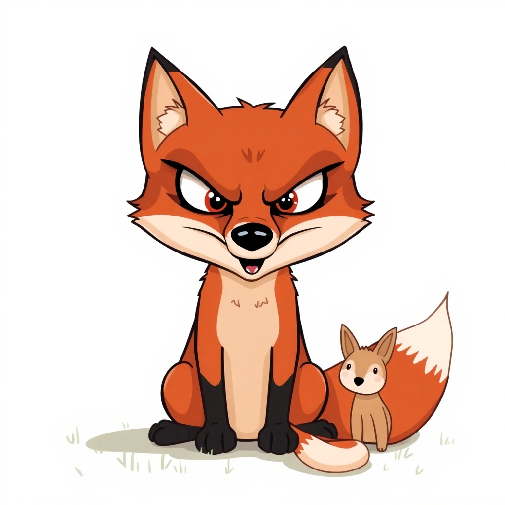 a cartoon drawing for a children's book of a sinister looking Fox who has just cornered his dinner.  Front view of the fox.