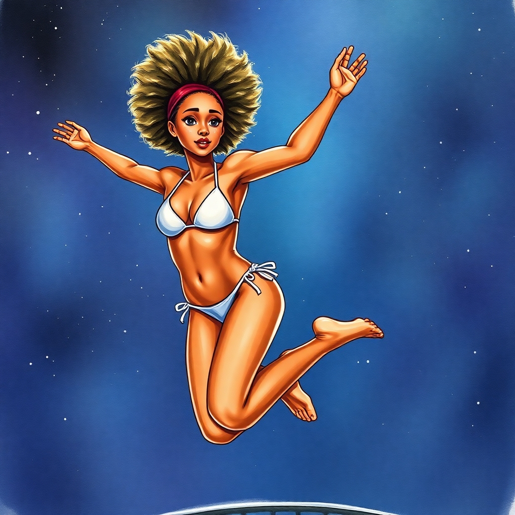 Create a girl.  Her skin tone is dark. Base her off of actress Nathalie Emmanuel.  She is jumping on a trampoline in outer space . She is wearing a wet string bikini.  This is a painted watercolour. She has a straightened light but high Afro