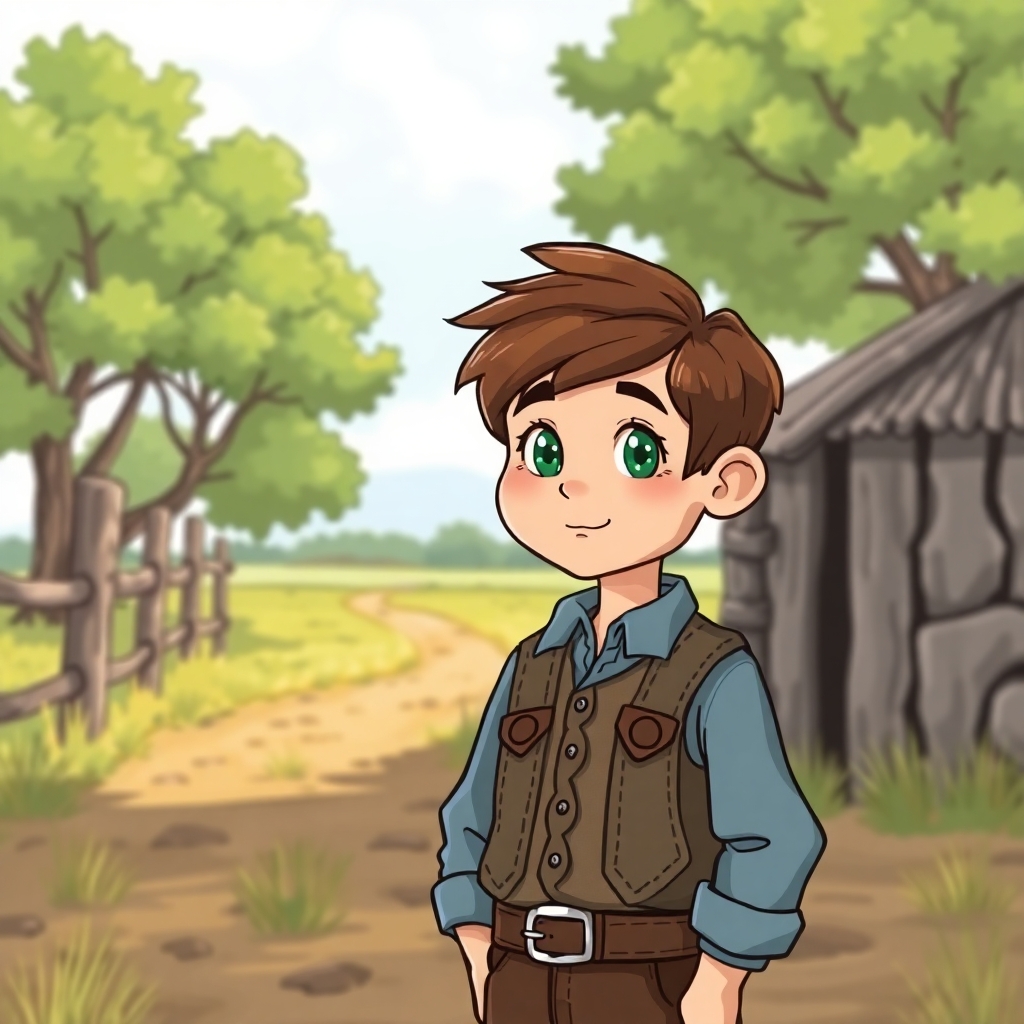 a cartoon drawn little boy with brown hair and green eyes at age 11 on a farm. This is for a children's book so make him cute, innocent and likeable for the reader to look at. I would like the same character doing the following: wearing 1885 wild west time period clothes. https://www.imagiyo.com/images/mxkaz6Y5aJ0P/view