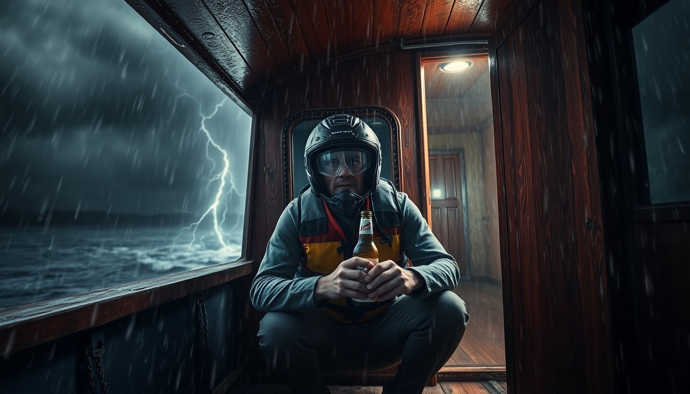 Man terrified taking shelter inside the lower cabin of a docked old houseboat, crouched wearing a motorcycle helmet, life vest and clutching a coors light beer during a severe thunderstorm with torrential rain and strong damaging winds