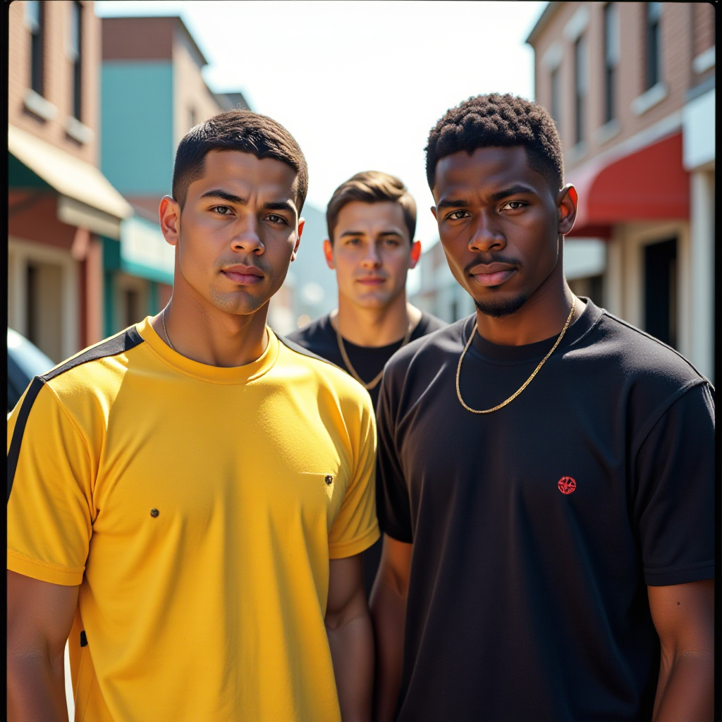 ((Fine art photography:1.8)), ((cinematic film:1.8)), (((grainy Polaroid aesthetic:2.2))), ((realistic skin texture:1.8)), ((volumetric light:2.0)), ((warm backlight:1.8)),(( dynamic shadows:1.6)) In this vibrant scene, three young men stand confidently in an urban environment, exuding a sense of camaraderie and attitude. The foreground features two men: one in a striking yellow shirt with black accents, showcasing a smooth expression that conveys determination, and the other in a dark outfit, sporting casual streetwear and a composed demeanor. A third figure, slightly behind, adds depth to the composition, creating a visual dynamic. The background captures a sunlit street with soft bokeh effects, emphasizing the subjects while hinting at the lively neighborhood. Soft, diffused lighting highlights their facial features, casting gentle shadows that accentuate their expressions. The overall mood is assertive yet relaxed, reminiscent of classic 90s street culture. The color palette includes bold contrasts between the men's clothing and the cooler background tones, offering a striking visual appeal. The composition balances the figures and maintains focus on their interactions and individual personalities. References to urban films of the era inspire the style, enhancing the nostalgic yet modern feel of the imagery.