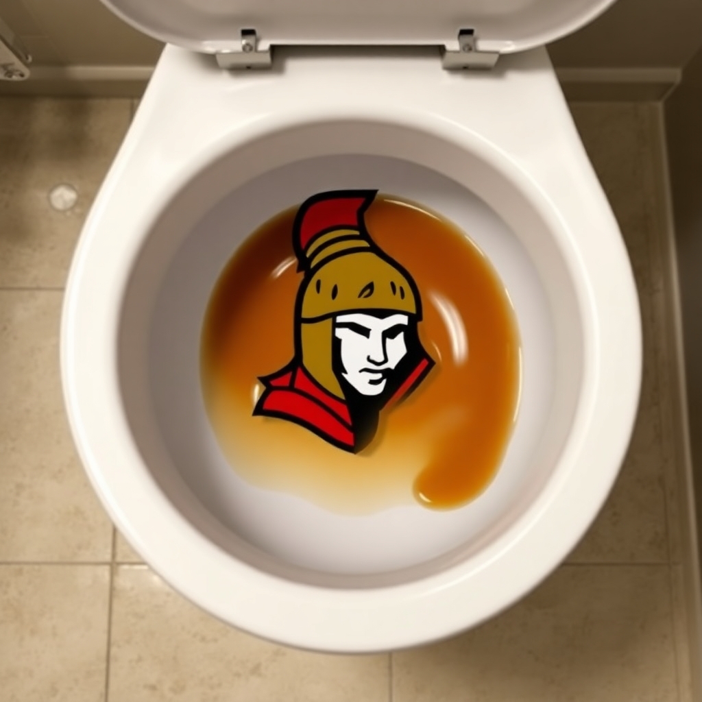 Toilet with Ottawa Senators logo in the bowl with brown shit on the logo