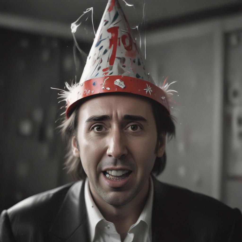 happy and crazy Nicolas Cage in a party hat