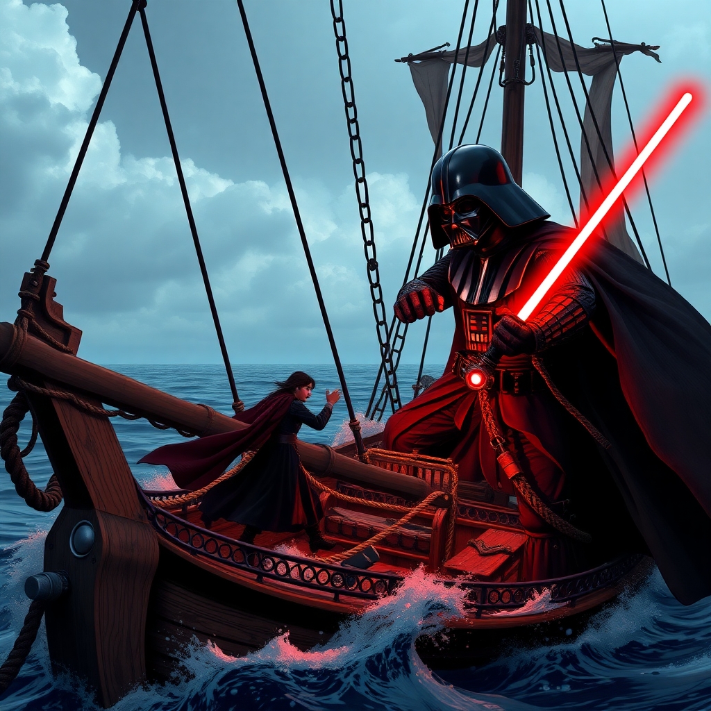 a pirate battling darth vader on a pirate ship