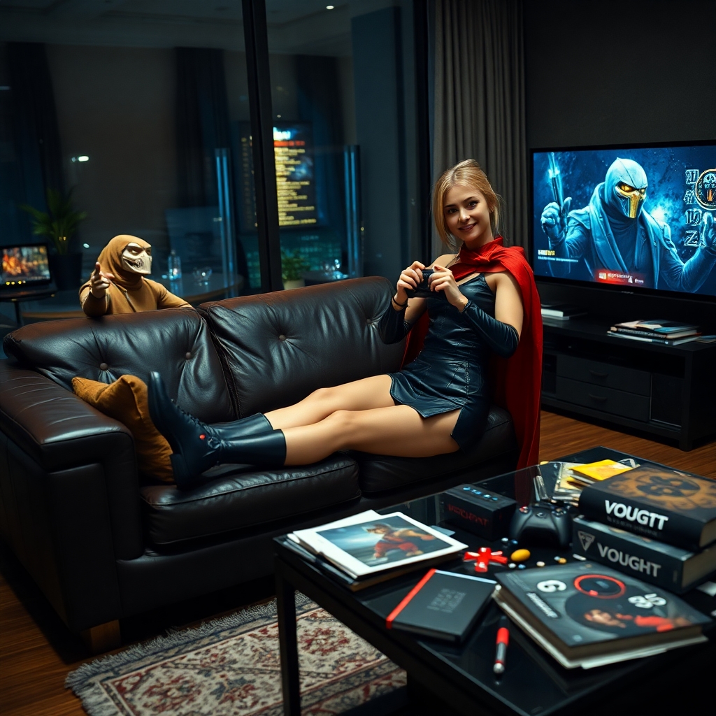 Create a Grainy digital photo of a slightly smirking Starlight (The Boys) alone in a modern apartment at night, playing Mortal Kombat 1 as herself on a PS5 hooked up to a huge OLED TV. She’s slouched on a sleek leather couch, still in her superhero suit but with the cape wrinkled, feet up on a cluttered coffee table littered with Vought merchandise that depict her. One hand grips the PS5 controller, the other points at the camera. She glances toward the camera, caught mid-game in a candid moment. Harsh flash photography, raw and unedited. Her suit is accurate, short skirt with legs exposed, ps5 controller also size accurate. She should be wearing her gloves, and colors should be as accurate as possible.