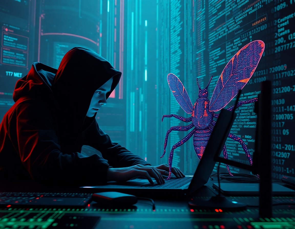 A Software-Developer hunting bugs in a cyberpunk setting. The bugs are manifested as real bugs build from binary code.