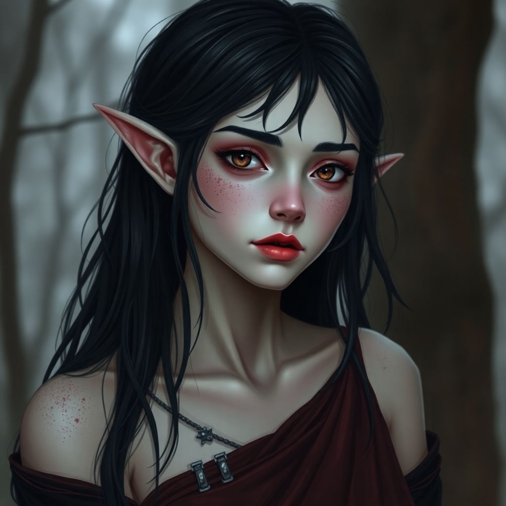 A pale-skinned female elf with red lips and black hair. She has been cursed with undeath and longs to have children.