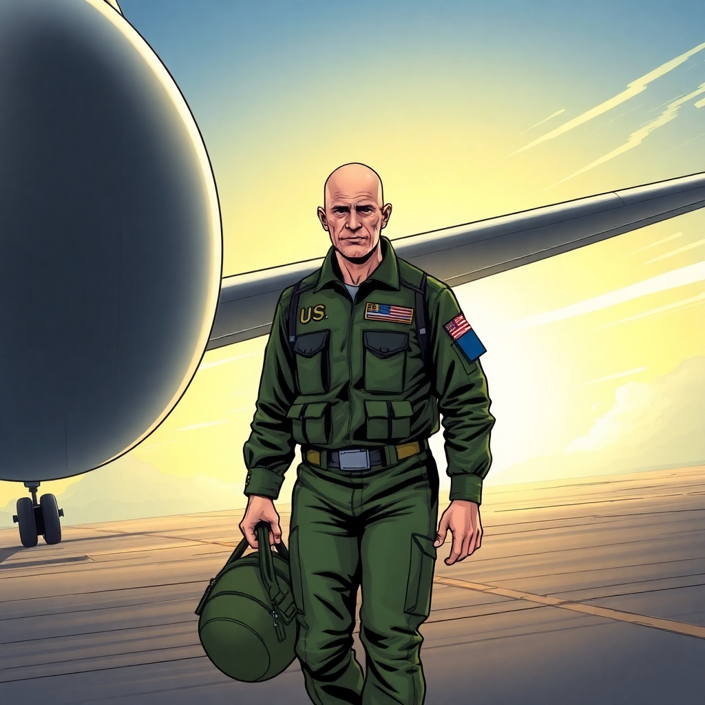 A bald white male in a green US military flight suit, holding a green helmet bag. Walking away from a large twin engine turboprop airplane. Middle of the day,