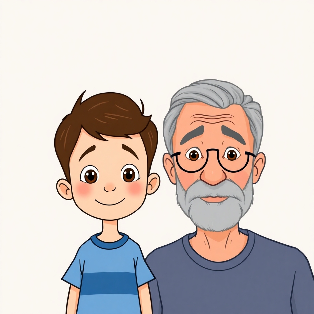 a cartoon drawn little boy with brown hair and his grandfather with short gray hair clean shaven from the front view looking forward into the camera. https://www.imagiyo.com/images/mxkaz6Y5aJ0P/view