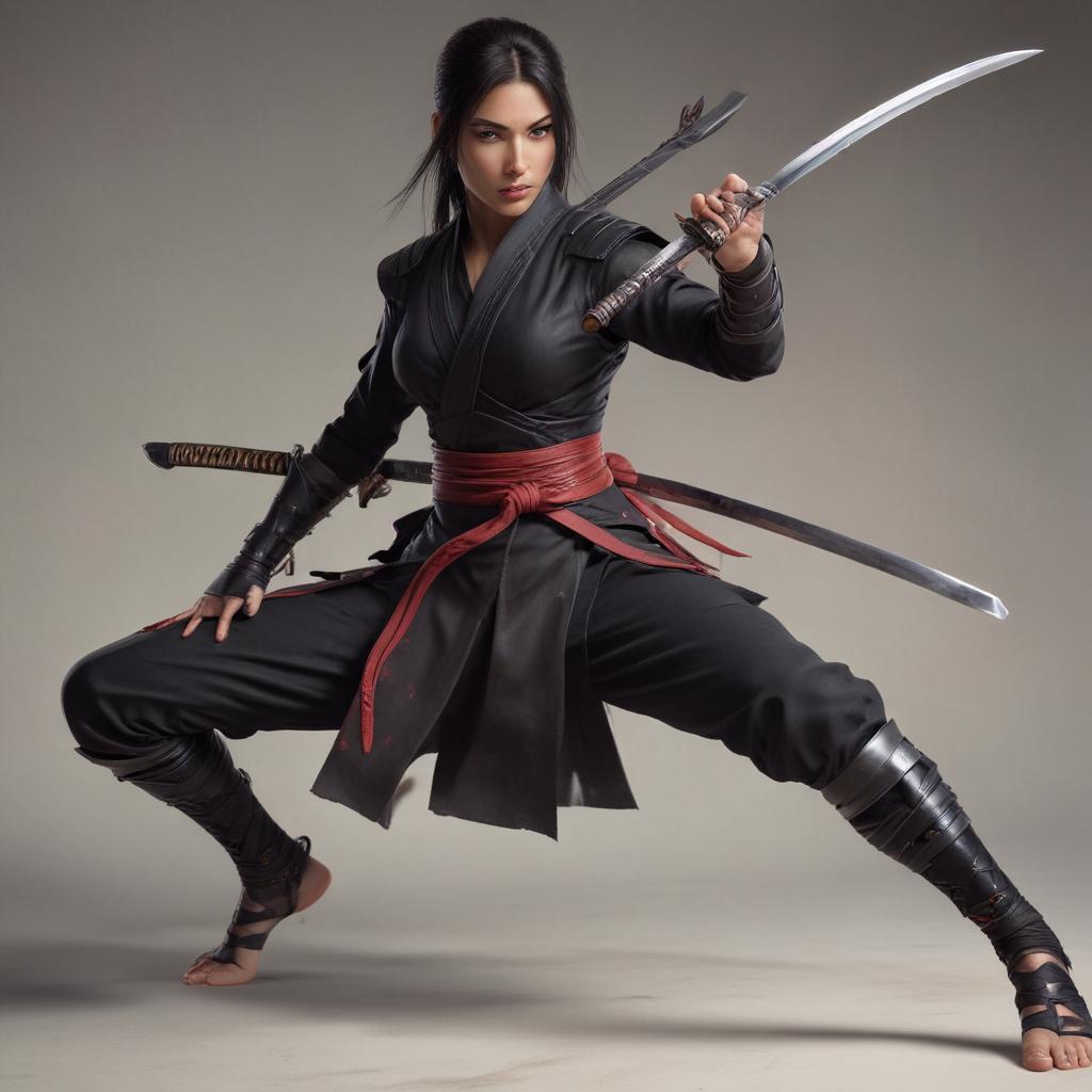 Create a full body female ninja in sword action. She is barefoot and her breasts are exposed artistically through her outfit