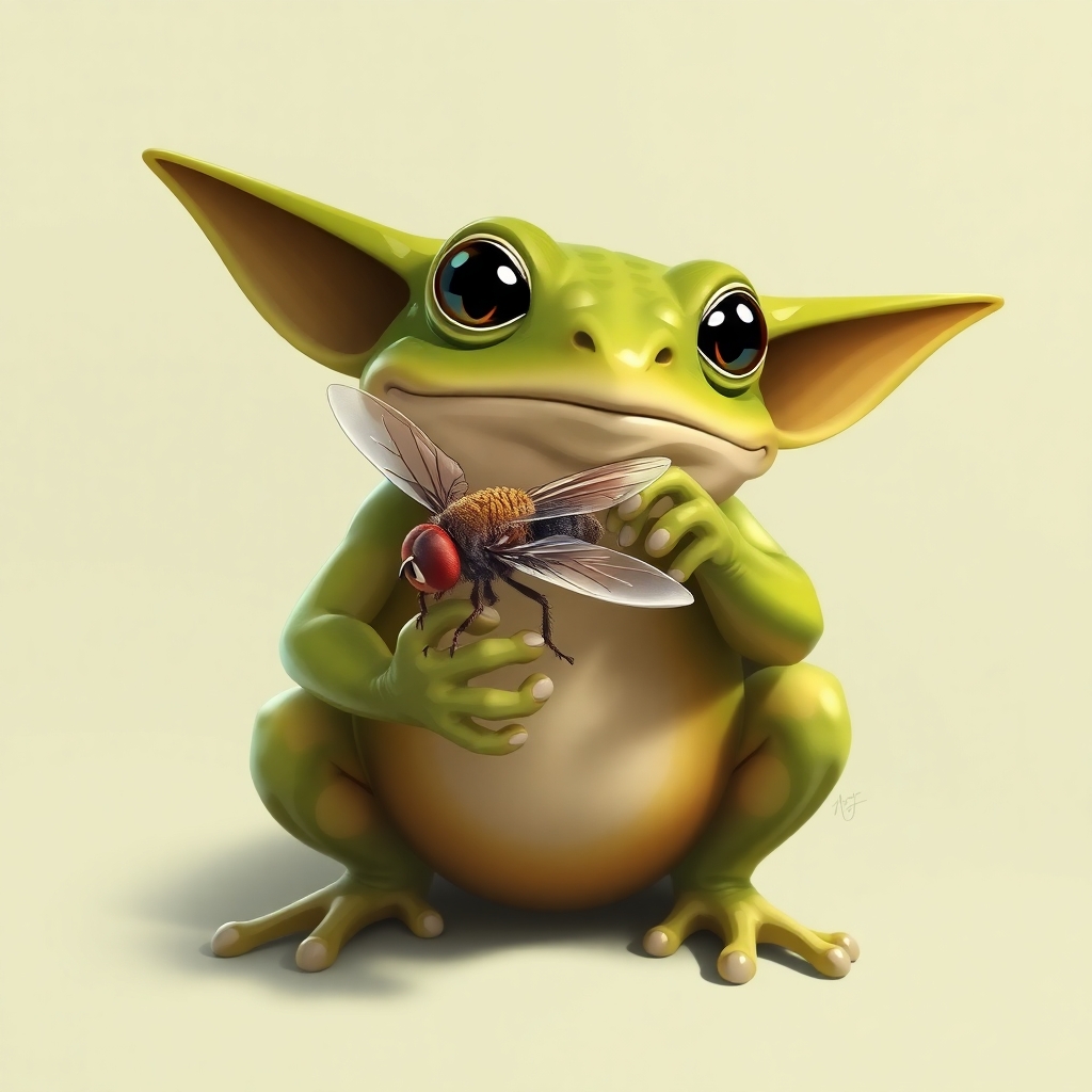 a jedi frog holding a fly