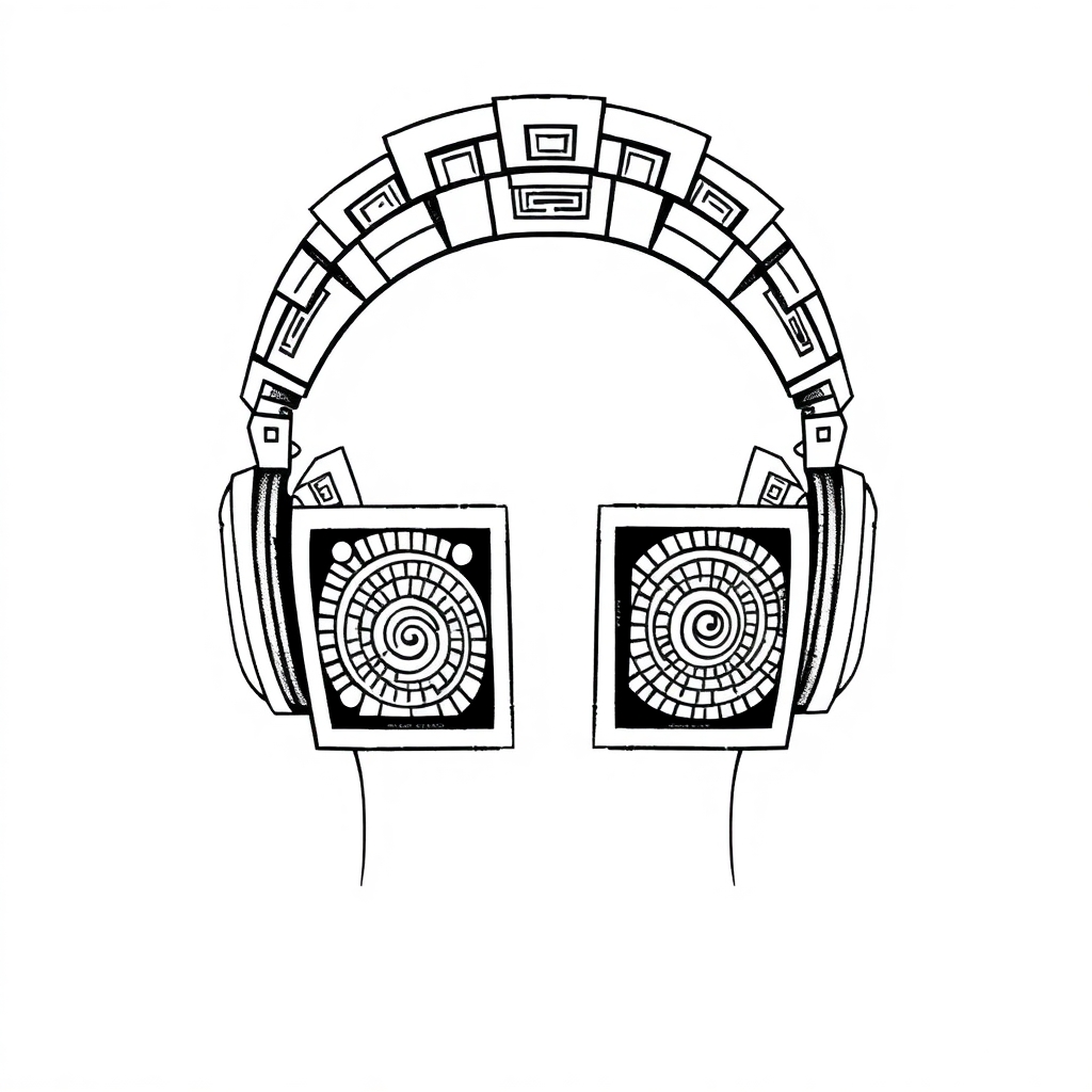 Headphone Tattoo – Design Description  Visual Style: 	•	The entire piece is rendered in Mayan geometric abstraction, avoiding realism entirely. Think architecture, not electronics — the headphones look carved, not manufactured.  ⸻  1. Headband (Arc over Nape) 	•	Forms a broad, stepped curve across the upper back — like a stone archway broken into precise, symmetrical glyph blocks. 	•	Centered at the nape, the arch is built from stacked trapezoids and triangles, forming an ancient temple crown. 	•	Each “step” contains a repeating recursion mark — lines within lines, suggesting inward motion.  ⸻  2. Earcups (Upper Shoulder Placement) 	•	Sit just above the shoulder blades, symmetrical but not identical. 	•	Each “cup” is a spiral glyph encased in a square frame, like a shield carved into stone. 	•	The spirals rotate inward, layered with smaller concentric glyphs — symbolizing sound pull, not output.  ⸻  3. Cord Extensions (No Visible Cords) 	•	Instead of cords, fractured lines extend from beneath the cups, branching like veins. 	•	These “cords” quickly break into sharp, angled recursion channels that trace into his upper back tattoo system — no trailing lines, just embedded energy flow. 	•	They mirror Temple circuit diagrams, but built from stepped triangles and serrated glyph runs.  ⸻  Color & Ink Finish 	•	Dark bronze-black, matte with slight warmth. Under Temple light or loop activation, it emits a faint gold glow at the glyph intersections. 	•	Ink looks old — like it’s always been there. No fresh shine. Etched, not inked.
