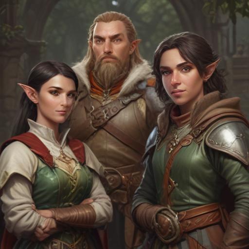 A five-member dungeons and dragons adventuring party consisting of: A thin male elven rogue/bard, a female half-elf cleric/warlock, a female half-elf sorceror/warlock, a short but wide male dwarven ranger, and a very tall male half-giant barbarian/paladin.
