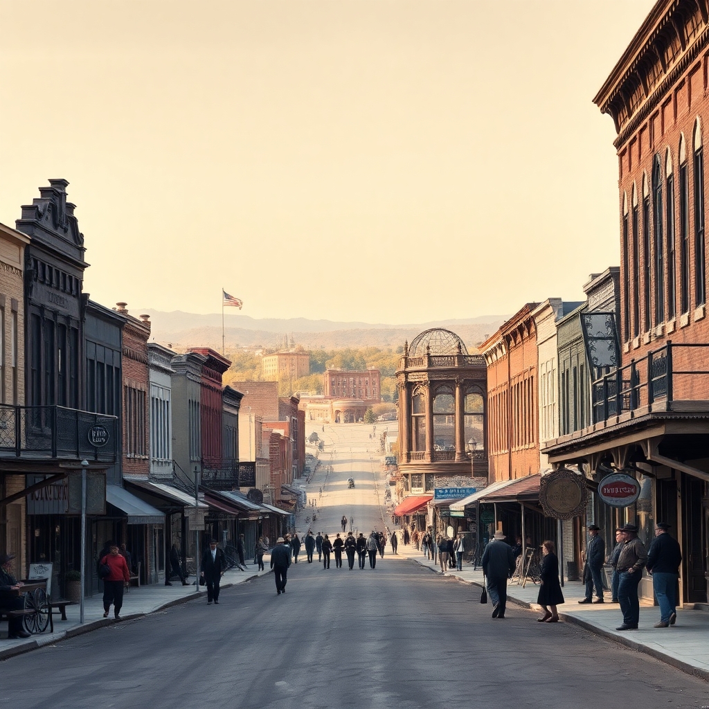 A realistic picture of the Wild Western town of Dodge City. A long view of the city as if walking down the middle of Dodge City in 1875 BC with buildings on both sides of the street as the town gets smaller in the distance with people in Dodge City in 1875 on the street living everyday life.