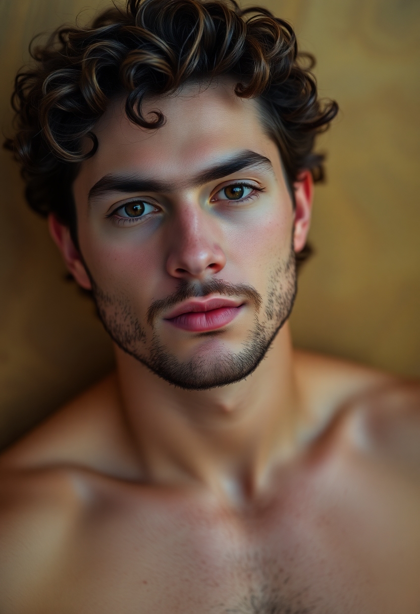Sexy man with curly hair and short beard. He is in his twenties. he has thik lips. He is toned but not overly muscular.