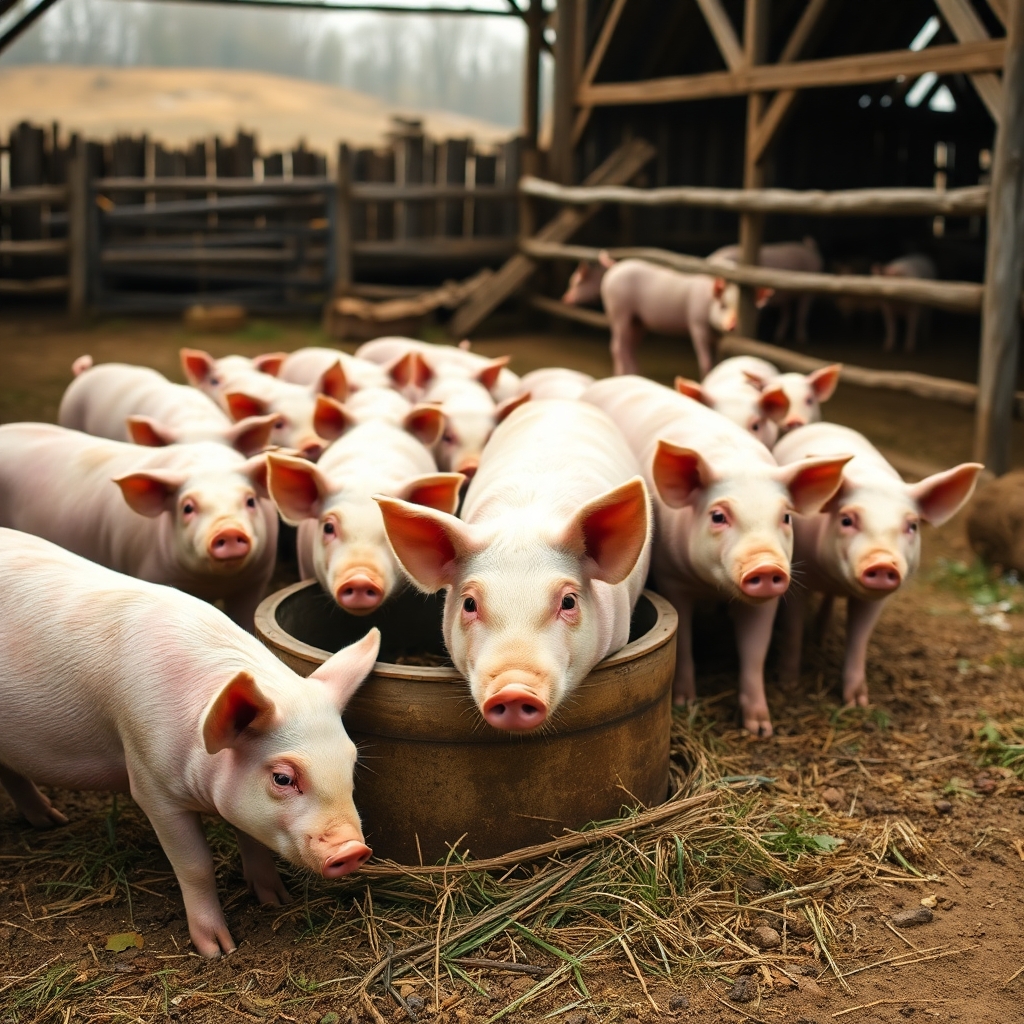 A realistic picture of a barn yard with pigs around a trough