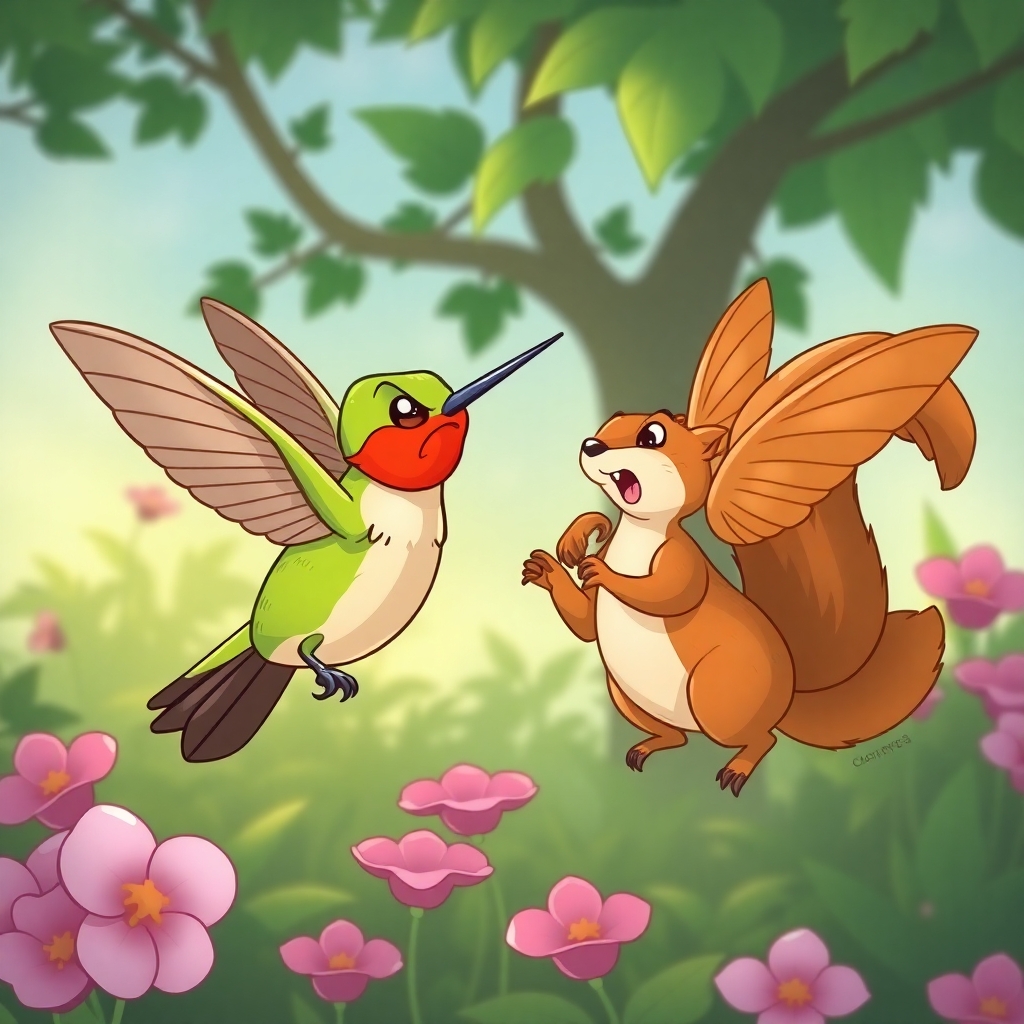 Please create a cartoon drawing of an angry hummingbirds chasing away a squirrel from his garden for a children's book.