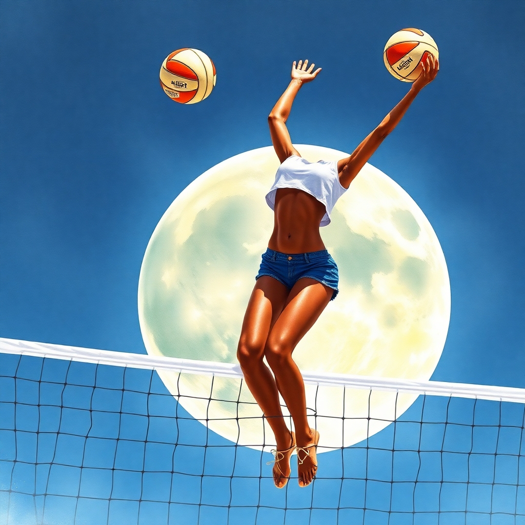 Create a girl basketball player. Her skin tone is dark. Base her off of actress Nathalie Emmanuel.  She is playing beach volleyball on the sunny side of the moon.  She is wearing a cutoff half top shirt that says emphasizes her round firm underboobs as she jumps high in the air for an action shot spiking over the net.  This is a painted watercolour